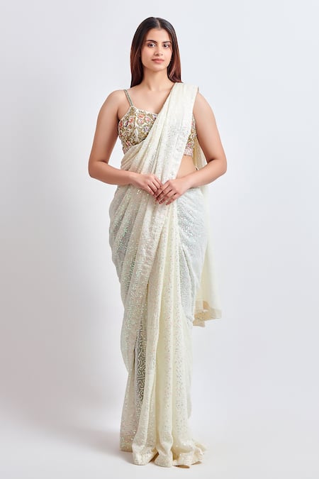 Hand Embroidered Blouse Shimmer Satin Georgette Saree in White : SECA49