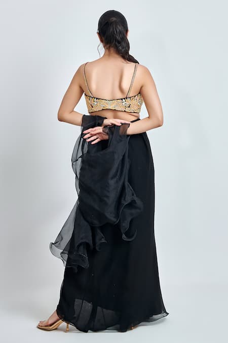 Shop Meenagurnam Black Faux Georgette Embroidered Thread V-neck Floral Blouse Skirt Set at Aza Fashions Shop_Meenagurnam_Black Faux Georgette Embroidered Thread V-neck Floral Blouse Skirt Set _at_Aza_Fashions