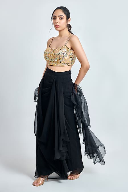 Meenagurnam Black Faux Georgette Embroidered Thread V-neck Floral Blouse Skirt Set Online at Aza Fashions Meenagurnam_Black Faux Georgette Embroidered Thread V-neck Floral Blouse Skirt Set _Online_at_Aza_Fashions