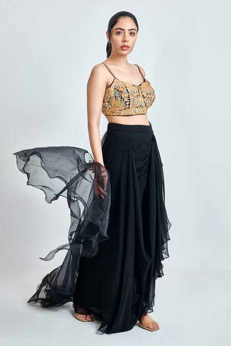 Shop Meenagurnam Black Faux Georgette Embroidered Thread V-neck Floral Blouse Skirt Set Online at Aza Fashions Shop_Meenagurnam_Black Faux Georgette Embroidered Thread V-neck Floral Blouse Skirt Set _Online_at_Aza_Fashions