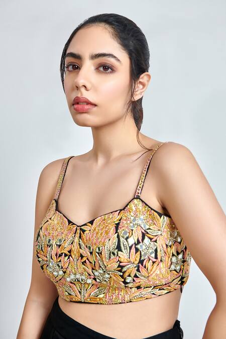 Meenagurnam Black Faux Georgette Embroidered Thread V-neck Floral Blouse Skirt Set at Aza Fashions Meenagurnam_Black Faux Georgette Embroidered Thread V-neck Floral Blouse Skirt Set _at_Aza_Fashions