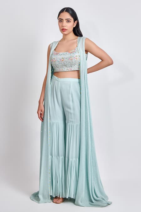 Meenagurnam Blue Georgette Embroidery, Sequins Round Neck Embellished Cape And Sharara Set 