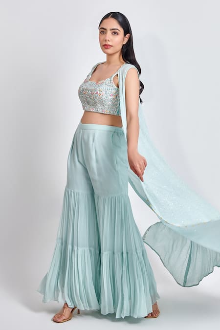 Meenagurnam_Blue Georgette Embroidery, Sequins Round Neck Embellished Cape And Sharara Set _Online_at_Aza_Fashions