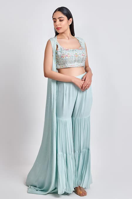 Buy_Meenagurnam_Blue Georgette Embroidery, Sequins Round Neck Embellished Cape And Sharara Set _Online_at_Aza_Fashions