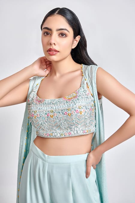 Shop_Meenagurnam_Blue Georgette Embroidery, Sequins Round Neck Embellished Cape And Sharara Set _Online_at_Aza_Fashions