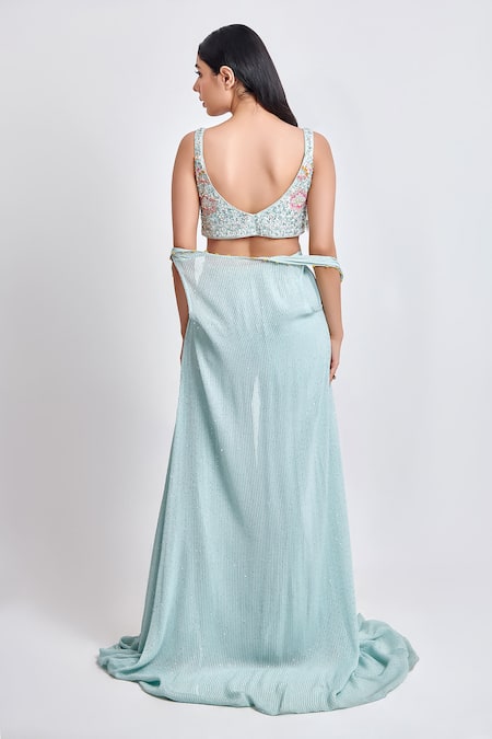 Meenagurnam_Blue Georgette Embroidery, Sequins Round Neck Embellished Cape And Sharara Set _at_Aza_Fashions