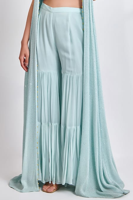 Buy_Meenagurnam_Blue Georgette Embroidery, Sequins Round Neck Embellished Cape And Sharara Set 