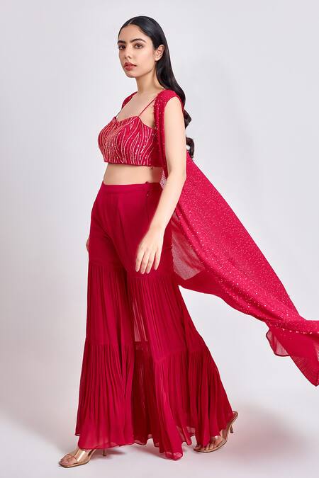 Meenagurnam Red Viscose, Georgette Embroidery, Sequins Sweetheart Neck Cape And Sharara Set Online at Aza Fashions Meenagurnam_Red Viscose, Georgette Embroidery, Sequins Sweetheart Neck Cape And Sharara Set _Online_at_Aza_Fashions