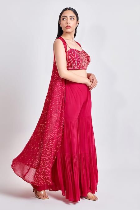 Buy Meenagurnam Red Viscose, Georgette Embroidery, Sequins Sweetheart Neck Cape And Sharara Set Online at Aza Fashions Buy_Meenagurnam_Red Viscose, Georgette Embroidery, Sequins Sweetheart Neck Cape And Sharara Set _Online_at_Aza_Fashions