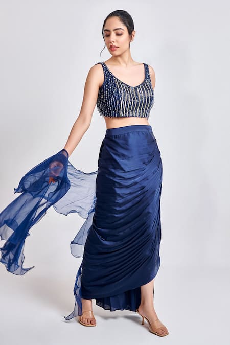 Buy Meenagurnam Blue Armani Satin Embroidered Bead Round Embellished Blouse And Skirt Set Online at Aza Fashions Buy_Meenagurnam_Blue Armani Satin Embroidered Bead Round Embellished Blouse And Skirt Set _Online_at_Aza_Fashions