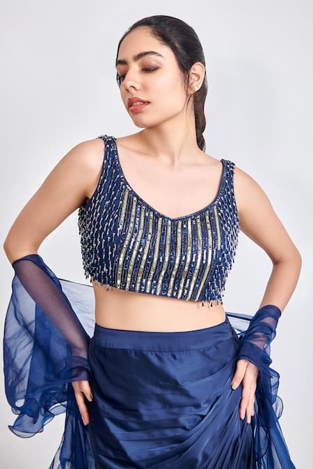 Shop Meenagurnam Blue Armani Satin Embroidered Bead Round Embellished Blouse And Skirt Set Online at Aza Fashions Shop_Meenagurnam_Blue Armani Satin Embroidered Bead Round Embellished Blouse And Skirt Set _Online_at_Aza_Fashions