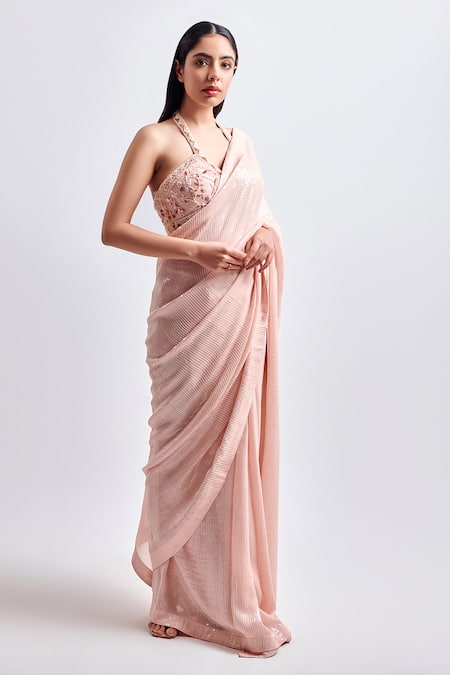 Buy_Meenagurnam_Pink Georgette, Satin Sequins Halter Neck Embroidered Saree With Blouse _Online_at_Aza_Fashions