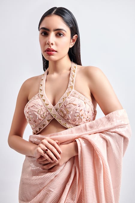 Shop_Meenagurnam_Pink Georgette, Satin Sequins Halter Neck Embroidered Saree With Blouse _Online_at_Aza_Fashions