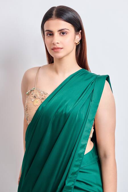 Shop_Meenagurnam_Green Armani Satin Embroidered Sequin Sweetheart Saree With Blouse _Online_at_Aza_Fashions
