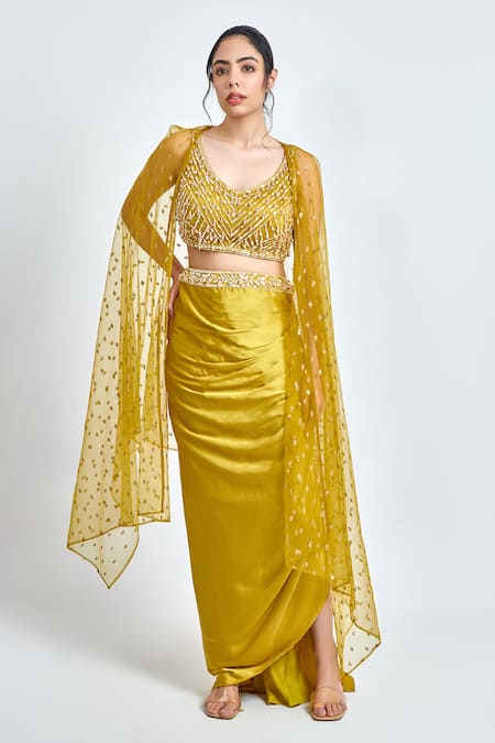 MeenaGurnam Yellow Armani Satin Embroidered Crystal Cape Open And Draped Skirt Set