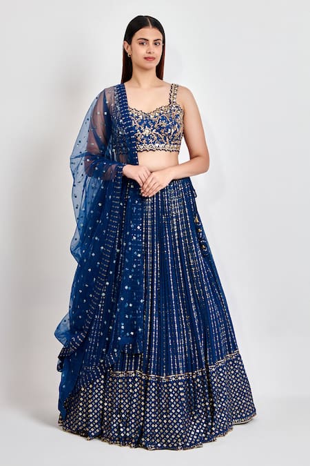 Meenagurnam Blue Georgette Embroidered Zari Sweetheart Lehenga Cutwork Blouse Set  