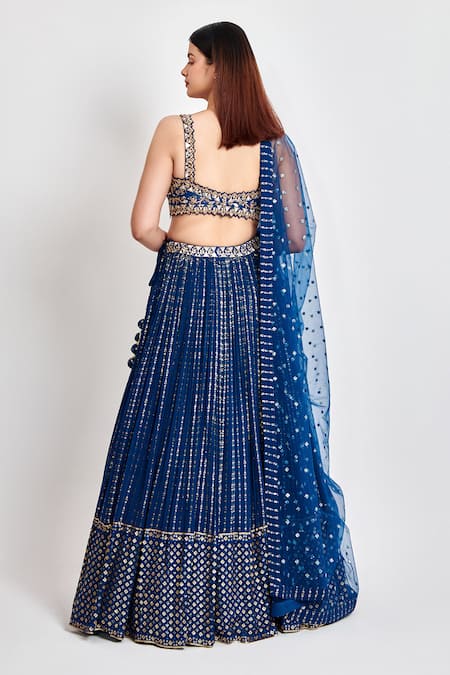 Shop Meenagurnam Blue Georgette Embroidered Zari Sweetheart Lehenga Cutwork Blouse Set at Aza Fashions Shop_Meenagurnam_Blue Georgette Embroidered Zari Sweetheart Lehenga Cutwork Blouse Set _at_Aza_Fashions