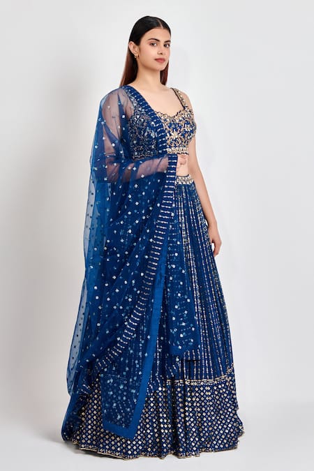 Meenagurnam Blue Georgette Embroidered Zari Sweetheart Lehenga Cutwork Blouse Set Online at Aza Fashions Meenagurnam_Blue Georgette Embroidered Zari Sweetheart Lehenga Cutwork Blouse Set _Online_at_Aza_Fashions
