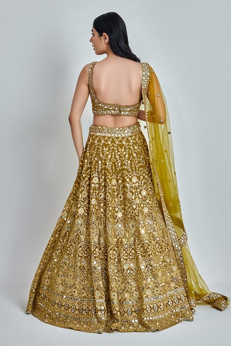 Shop Meenagurnam Green Georgette Embroidery, Mirrors Sweetheart Neck Zari And Work Lehenga Set at Aza Fashions Shop_Meenagurnam_Green Georgette Embroidery, Mirrors Sweetheart Neck Zari And Work Lehenga Set _at_Aza_Fashions