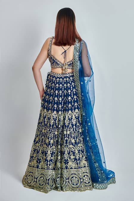 Shop_Meenagurnam_Blue Georgette Zari, Diamonds, Embroidery, Mirrors Nakshi Work Lehenga Set _at_Aza_Fashions