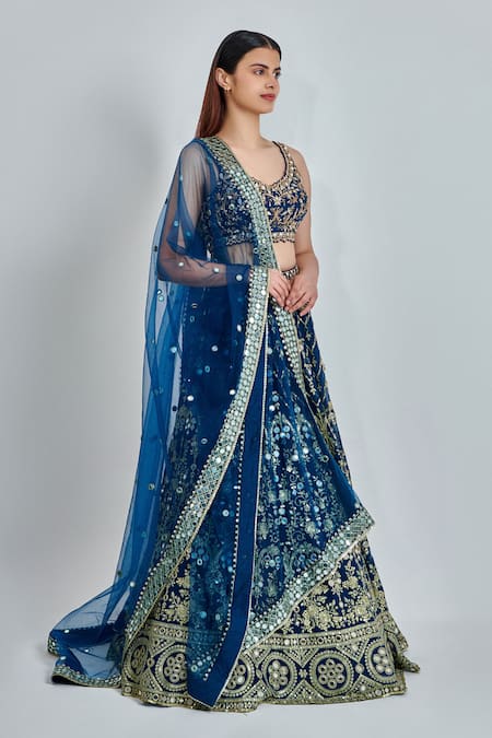 Meenagurnam_Blue Georgette Zari, Diamonds, Embroidery, Mirrors Nakshi Work Lehenga Set _Online_at_Aza_Fashions