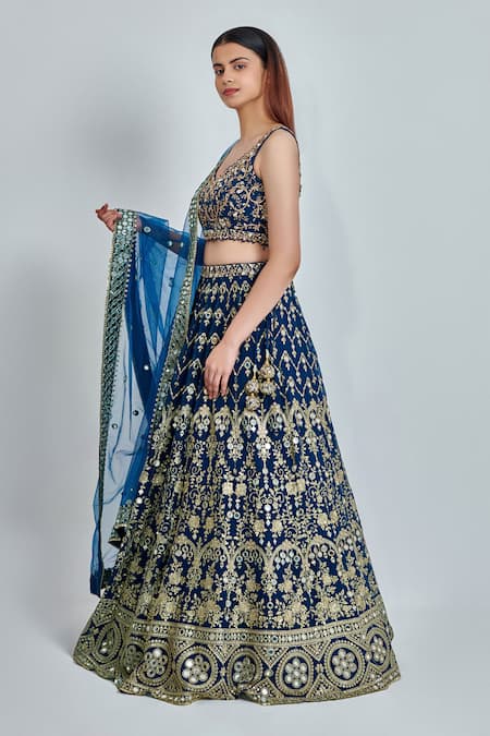 Buy_Meenagurnam_Blue Georgette Zari, Diamonds, Embroidery, Mirrors Nakshi Work Lehenga Set _Online_at_Aza_Fashions
