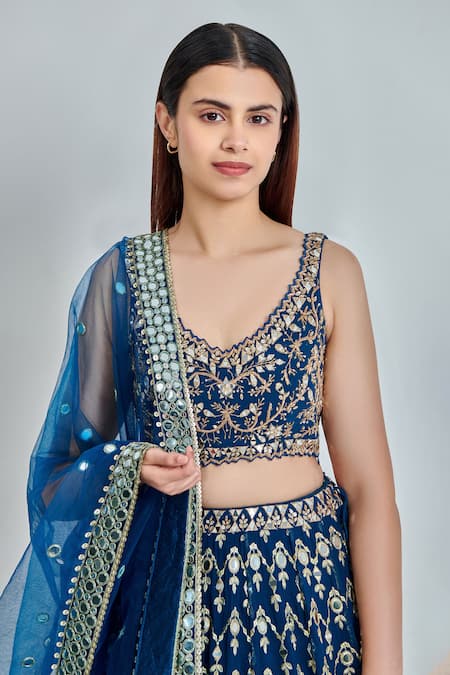 Shop_Meenagurnam_Blue Georgette Zari, Diamonds, Embroidery, Mirrors Nakshi Work Lehenga Set _Online_at_Aza_Fashions