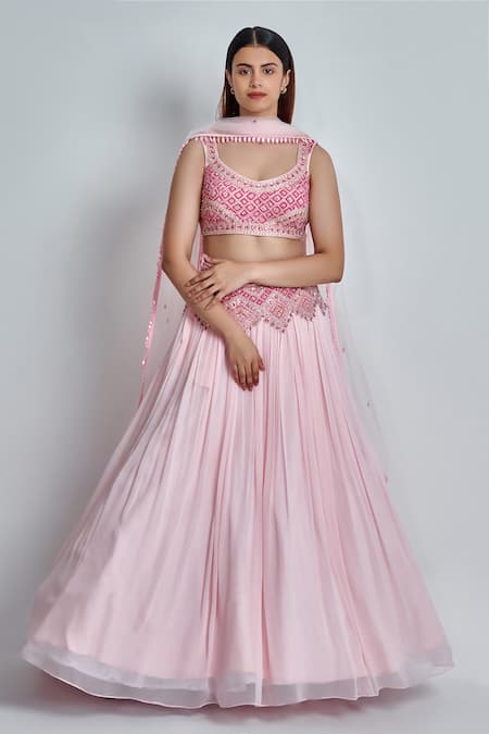 MeenaGurnam Pink Viscose Georgette Embroidered Sequin Round And Zarkan Work Lehenga Set 