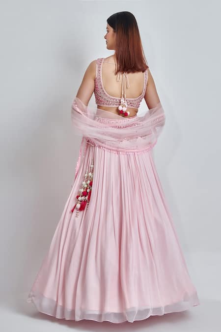 Shop Meenagurnam Pink Viscose, Georgette Sequins, Beads Round Neck And Zarkan Work Lehenga Set at Aza Fashions Shop_Meenagurnam_Pink Viscose, Georgette Sequins, Beads Round Neck And Zarkan Work Lehenga Set _at_Aza_Fashions