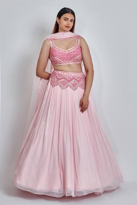 Meenagurnam Pink Viscose, Georgette Sequins, Beads Round Neck And Zarkan Work Lehenga Set Online at Aza Fashions Meenagurnam_Pink Viscose, Georgette Sequins, Beads Round Neck And Zarkan Work Lehenga Set _Online_at_Aza_Fashions