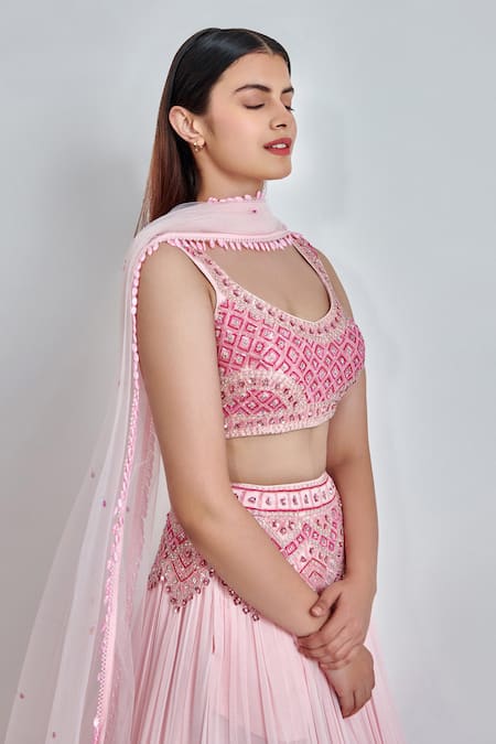 Shop Meenagurnam Pink Viscose, Georgette Sequins, Beads Round Neck And Zarkan Work Lehenga Set Online at Aza Fashions Shop_Meenagurnam_Pink Viscose, Georgette Sequins, Beads Round Neck And Zarkan Work Lehenga Set _Online_at_Aza_Fashions