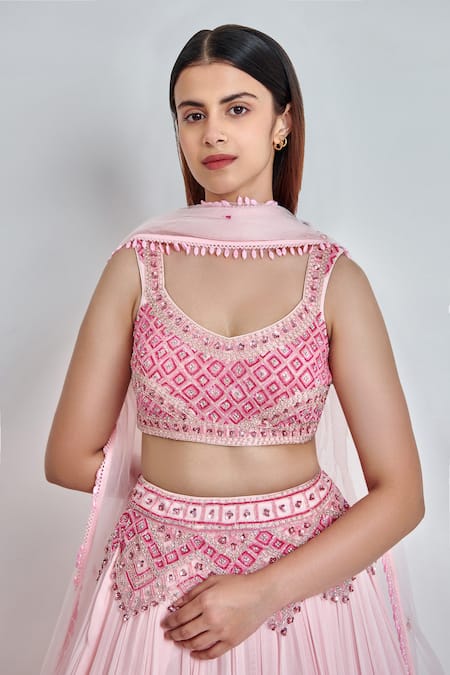 Meenagurnam Pink Viscose, Georgette Sequins, Beads Round Neck And Zarkan Work Lehenga Set at Aza Fashions Meenagurnam_Pink Viscose, Georgette Sequins, Beads Round Neck And Zarkan Work Lehenga Set _at_Aza_Fashions