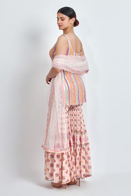 Buy_Meenagurnam_Multi Color Georgette Sequins, Embroidery Round Neck Kurta Sharara Set_Online_at_Aza_Fashions