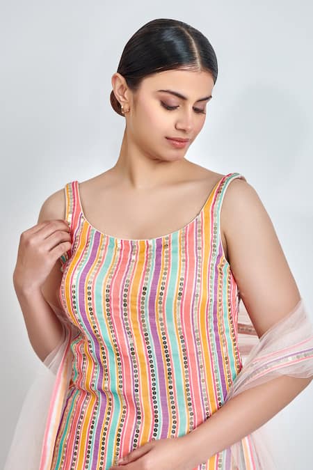 Shop_Meenagurnam_Multi Color Georgette Sequins, Embroidery Round Neck Kurta Sharara Set_Online_at_Aza_Fashions