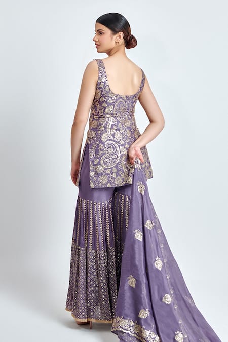 Shop Meenagurnam Purple Chiffon Sequins, Embroidery Sweetheart Paisley Work Kurta Sharara Set at Aza Fashions Shop_Meenagurnam_Purple Chiffon Sequins, Embroidery Sweetheart Paisley Work Kurta Sharara Set _at_Aza_Fashions