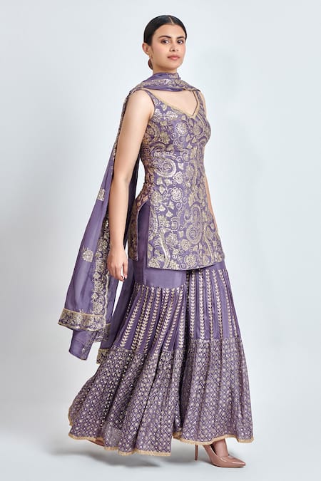 Meenagurnam Purple Chiffon Sequins, Embroidery Sweetheart Paisley Work Kurta Sharara Set Online at Aza Fashions Meenagurnam_Purple Chiffon Sequins, Embroidery Sweetheart Paisley Work Kurta Sharara Set _Online_at_Aza_Fashions