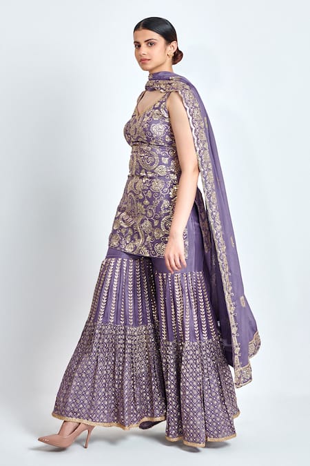 Buy Meenagurnam Purple Chiffon Sequins, Embroidery Sweetheart Paisley Work Kurta Sharara Set Online at Aza Fashions Buy_Meenagurnam_Purple Chiffon Sequins, Embroidery Sweetheart Paisley Work Kurta Sharara Set _Online_at_Aza_Fashions
