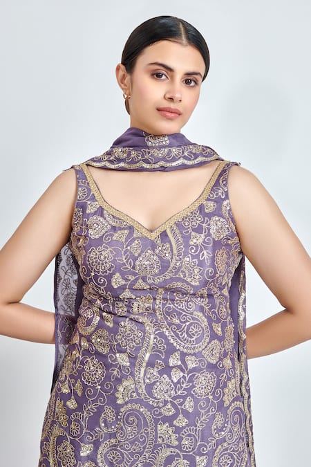 Shop Meenagurnam Purple Chiffon Sequins, Embroidery Sweetheart Paisley Work Kurta Sharara Set Online at Aza Fashions Shop_Meenagurnam_Purple Chiffon Sequins, Embroidery Sweetheart Paisley Work Kurta Sharara Set _Online_at_Aza_Fashions