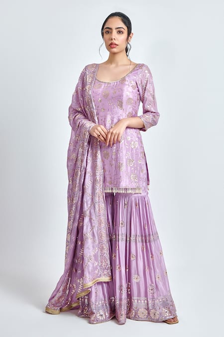 MeenaGurnam Purple Chinon Embroidery Sequin Round Blooming Garden Work Kurta Sharara Set 