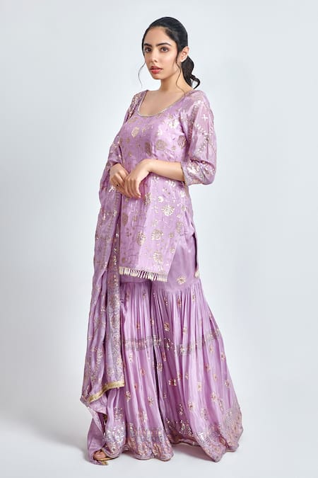 Meenagurnam_Purple Chiffon Sequins, Embroidery, Cut Work Blooming Garden Kurta Sharara Set _Online_at_Aza_Fashions