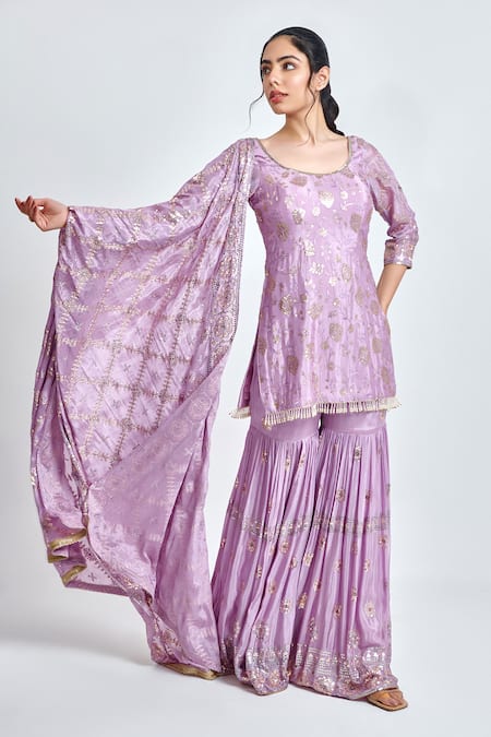 Buy_Meenagurnam_Purple Chiffon Sequins, Embroidery, Cut Work Blooming Garden Kurta Sharara Set _Online_at_Aza_Fashions