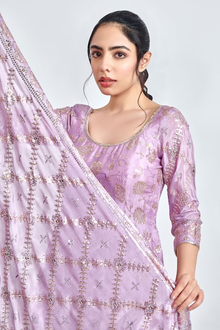 Shop_Meenagurnam_Purple Chiffon Sequins, Embroidery, Cut Work Blooming Garden Kurta Sharara Set _Online_at_Aza_Fashions