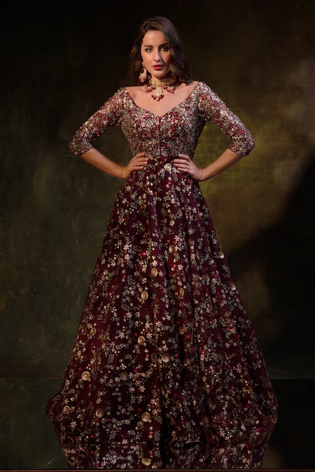 MeenaGurnam Sequin Embroidered Gown 