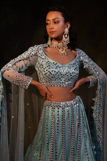 Shop Meenagurnam Blue Net Mirrors Sweetheart Neck Geometric Work Lehenga Set at Aza Fashions Shop_Meenagurnam_Blue Net Mirrors Sweetheart Neck Geometric Work Lehenga Set _at_Aza_Fashions