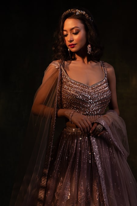 Meenagurnam_Grey Net Sequins, Embroidery Sweetheart Neck Floral Folige Work Lehenga Set _Online_at_Aza_Fashions