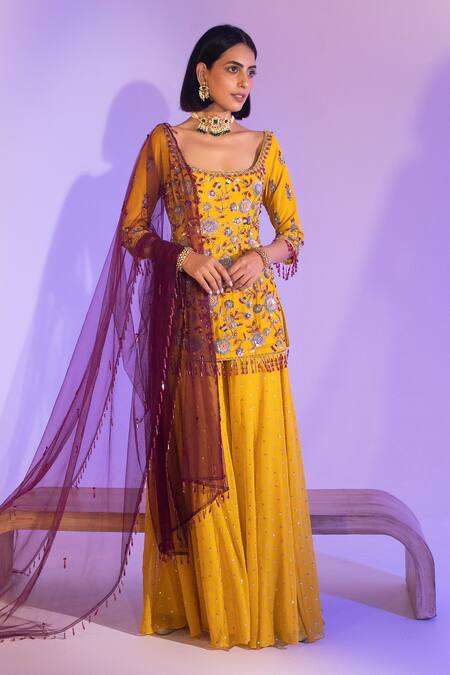 Shop_Meenagurnam_Yellow Georgette Embroidery Sequin Square Neck Blossom Work Kurta Sharara Set_Online_at_Aza_Fashions