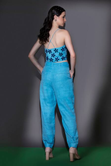 Shop Nitara Dhanraj Label Blue Silk Beads, Cut Work Square Neck Embroidered Crop Top And Balloon Pant Set at Aza Fashions Shop_Nitara Dhanraj Label_Blue Silk Beads, Cut Work Square Neck Embroidered Crop Top And Balloon Pant Set _at_Aza_Fashions