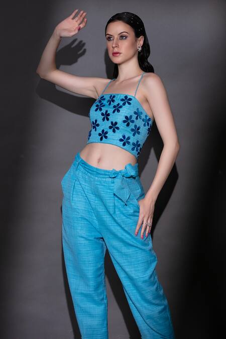 Buy Nitara Dhanraj Label Blue Silk Beads, Cut Work Square Neck Embroidered Crop Top And Balloon Pant Set Online at Aza Fashions Buy_Nitara Dhanraj Label_Blue Silk Beads, Cut Work Square Neck Embroidered Crop Top And Balloon Pant Set _Online_at_Aza_Fashions