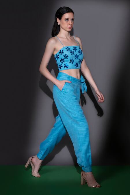 Shop Nitara Dhanraj Label Blue Silk Beads, Cut Work Square Neck Embroidered Crop Top And Balloon Pant Set Online at Aza Fashions Shop_Nitara Dhanraj Label_Blue Silk Beads, Cut Work Square Neck Embroidered Crop Top And Balloon Pant Set _Online_at_Aza_Fashions
