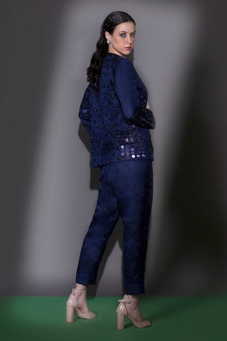 Shop Nitara Dhanraj Label Blue Silk Beads Collared, Sweetheart Embroidered Jacket With Corset Jumpsuit at Aza Fashions Shop_Nitara Dhanraj Label_Blue Silk Beads Collared, Sweetheart Embroidered Jacket With Corset Jumpsuit _at_Aza_Fashions